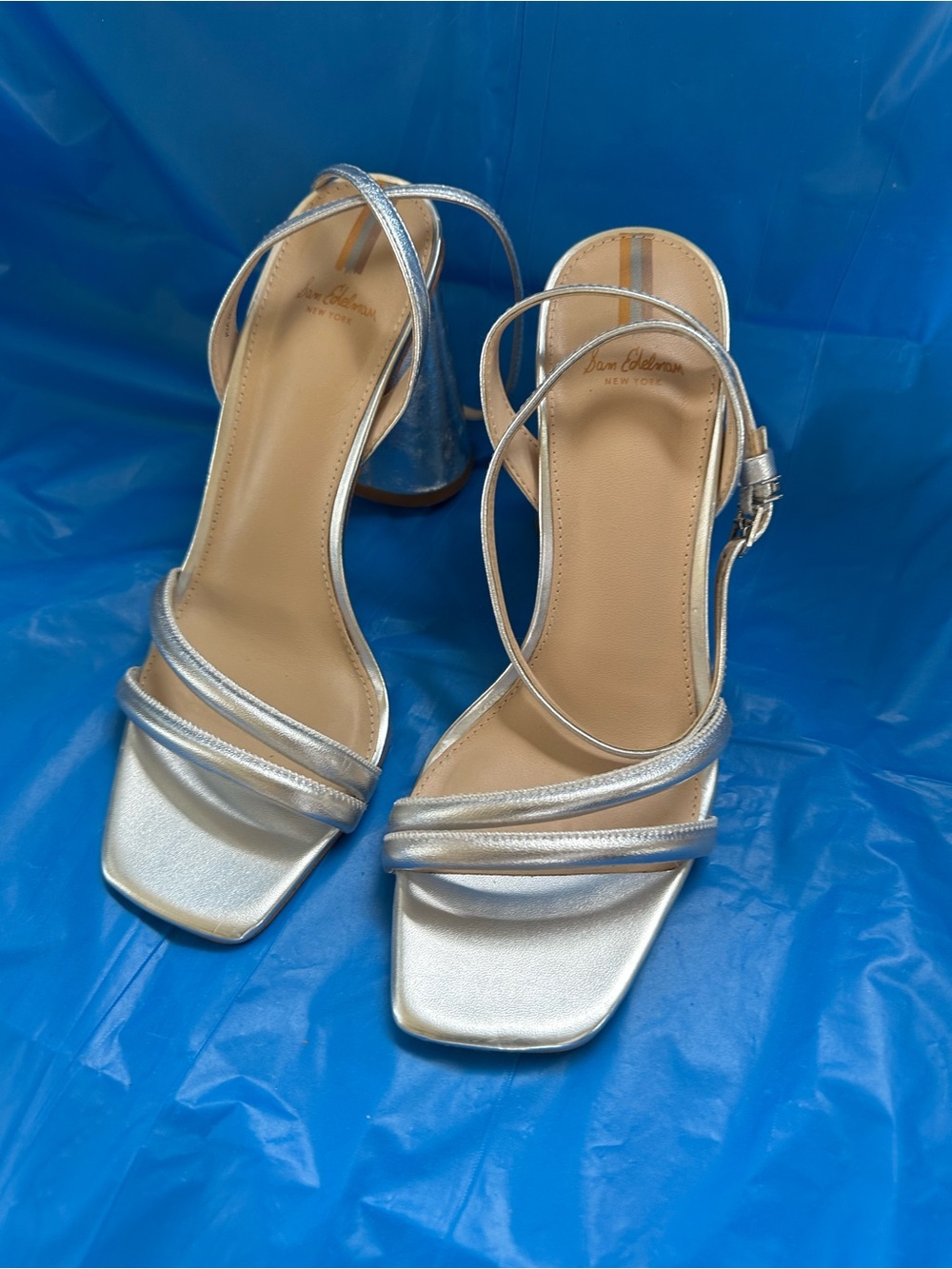 Sam Edelman Metallic Silver Strappy Block Heel Sandals